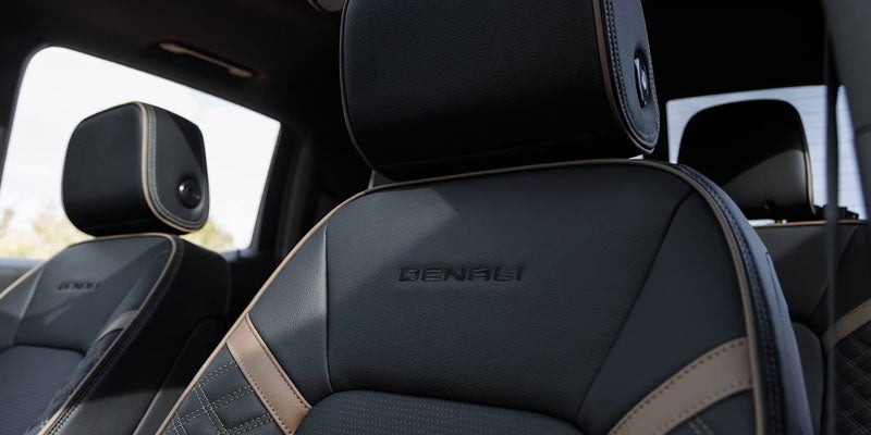2026 GMC Canyon leather seats with Denali branding.