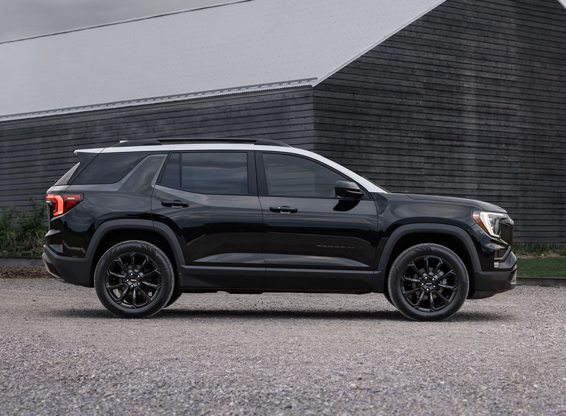 Side profile of the 2027 GMC Terrain AWD in black highlighting its modern design and available trim options.