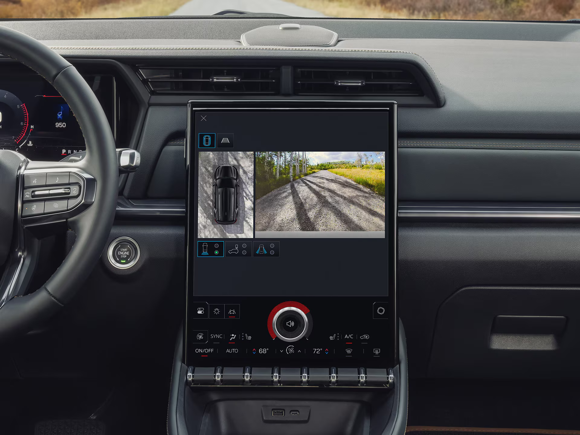 2027 GMC Terrain AWD dashboard with touchscreen infotainment system displaying camera views and navigation features.